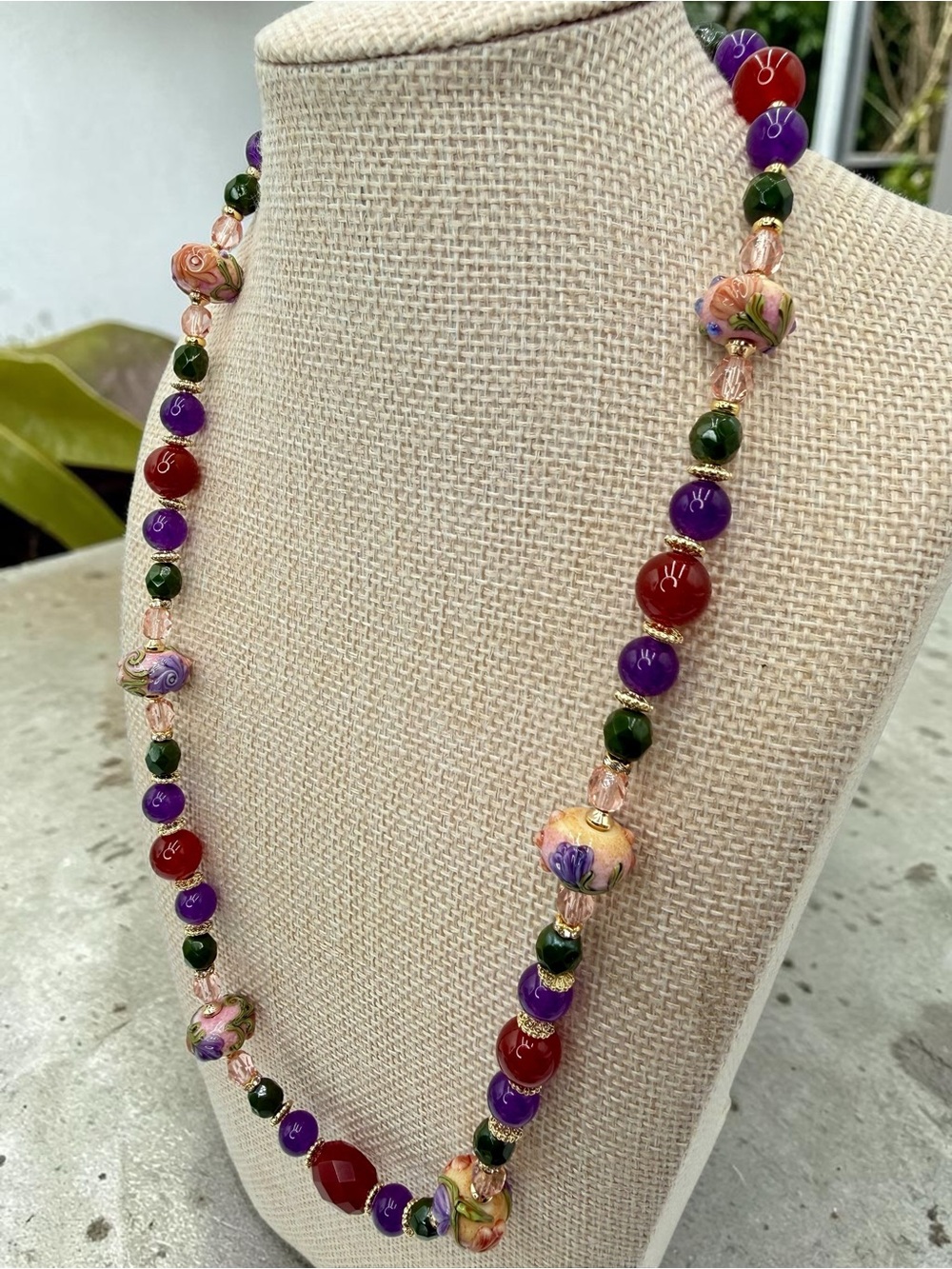 Artisan Handmade Amethyst Carnelian Lampwork Floral Necklace 20” Gold Floral Lux - Picture 4 of 17